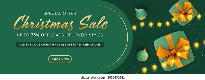 UP TO 75% Off For Christmas Sale Header Or Banner Design Decorated With Top View Of 3D Gift Boxes, Baubles And Lighting Garlands.
