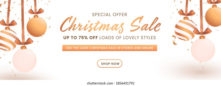 UP TO 75% Off For Christmas Sale Header Or Banner Design Decorated With Hanging Baubles.