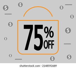 75% de descuento. Banner oscuro para tiendas y promociones. Bolsa de compras