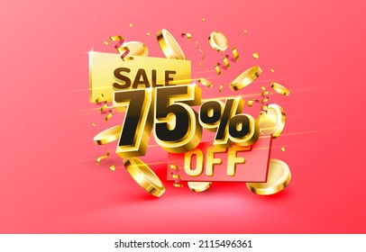 75 Off. Discount creative composition. 3d sale symbol with decorative objects, golden confetti, podium and gift box. Sale banner and poster. Vector illustration.