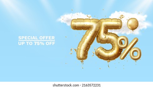75 Off. Discount creative composition. 3d Golden sale symbol with decorative objects, golden confetti. Sale banner and poster. Vector illustration.