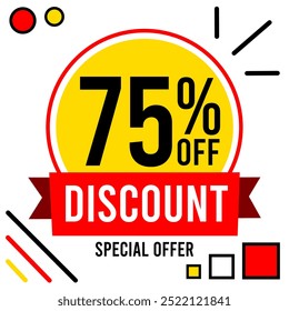 75% off discount 75 % off special offer seventy five percent off discount 75%off Promotions with black and white numbers yellow ball circle and red drawings.eps