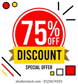 75% de descuento Noventa y cinco por ciento de descuento 75% de descuento Promociones con números en blanco y negro, bola roja, fondo blanco, círculo y diseños rojos, negros y amarillos.eps