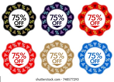 75% Off Discount Sticker. Set of Banner or Sticker Design with 75% Off Sale in Black, Dark-blue, Red, Golden and Blue color. Bright Design for Sales and Discounts of All Seasons