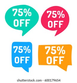 75% off. Hand drawn speech bubbles. Vector set of icon illustration on white background.