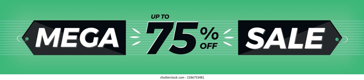 75% off. Horizontal green banner. Advertising for Mega Sale. Up to seventy-five percent discount for promotions and offers.