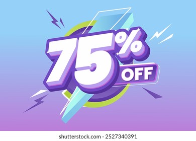 75% Off promoção com negrito branco e roxo 3D texto, cercado por formas de relâmpago dinâmico, definido em um gradiente vibrante azul para roxo fundo. Perfeito para eventos de venda.