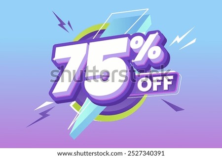 75% Off Promotion with bold white and purple 3D text, surrounded by dynamic lightning shapes, set on a vibrant gradient blue to purple background. Perfect for sale events.