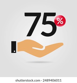 75% de descuento en promoción. Setenta y cinco por ciento de descuento con icono de mano. Símbolo de venta. Descuento en composición creativa. Ilustración vectorial.