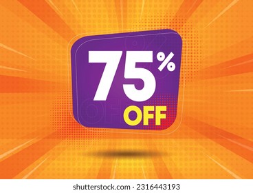 75% off. Purple flag with seventy-five  percent off. Vector illustration for sales with special offers for retail. Colors: white, purple, yellow and orange