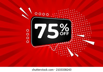 75% off. Red banner with seventy-five percent discount on a black balloon for mega big sales.