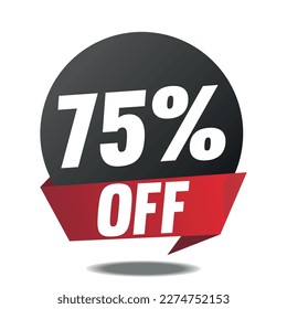 75% off. Red banner with seventy-five percent off on a black balloon for mega big sales.