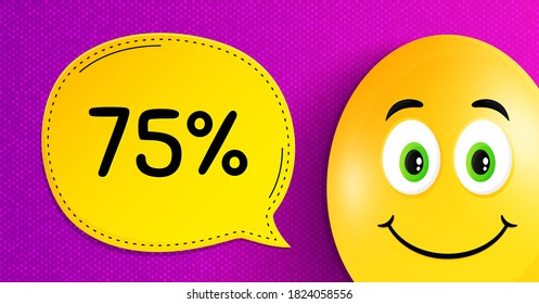 75% de descuento en venta. Huevo de Pascua con cara de sonrisa. Signo de precio de oferta de descuento. Símbolo de oferta especial. Carácter de sonrisa de Pascua. Burbuja del discurso del descuento. Fondo de huevo amarillo. Vector