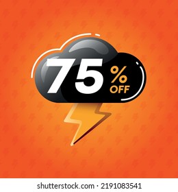 75 % Rabatt. Verkaufsangebot. Regen mit schwarzen Wolken von Angeboten mit Rochen auf orangefarbenem Hintergrund. Supply sturm.eps
