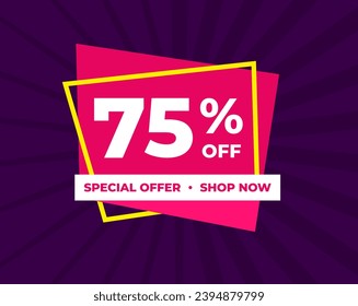 75% off, seventy five percent, special offer, shop now. Background Label. Purple and pink. Discount special offer. Banner with offer emblem. Modern concept design. Vector illustration.