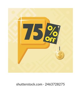 75% De Descuento. Una pegatina de globo naranja con un descuento del setenta y cinco por ciento con una etiqueta negra y una moneda de oro sobre un fondo abstracto amarillo.
