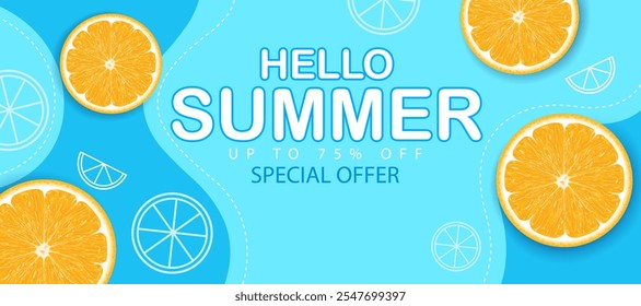 up to 75% off special offer concept summer sale and business marketing and advertising banner.realistic orange slices and orange slice icons decorative hello summer top view background.