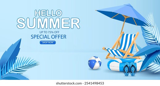 up to 75% off special offer hello summer sale banner,special discount,promotion and summer business bonus concept advertising and marketing banner with leisure vacation objects vector illustration.