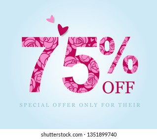 75%  off. twenty five percent discount. Spring or summer sale. Figures decorated with roses. Pink flowers on a red background. Vector illustration