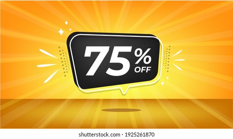 75% Off. Yellow Banner With Seventy-five Percent Discount On A Black Balloon For Mega Big Sales.