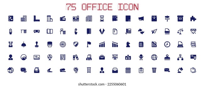 75 Office icon collection, office supplies industry. Including address book, desk, profit, documentation, honor, presentation, office building, stapler and so on. Vector illustration.