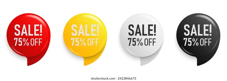 Hasta un 75% de descuento. Cartel de la parodia de la etiqueta adhesiva. Juego de insignias de promoción para marketing de compras y venta de autorización de publicidad, oferta especial, Ahorra 75 por ciento. Ilustración vectorial.