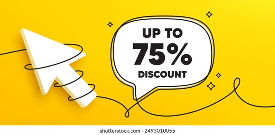 Bis zu 75 Prozent Rabatt. Fortlaufender Chat-Banner. Sale-Angebot Preis-Schild. Symbol für Sonderangebote. Speichern 75 %. Nachricht über die Sprechblase des Rabatttags. Umgebrochenes 3D-Cursor-Symbol. Vektorgrafik