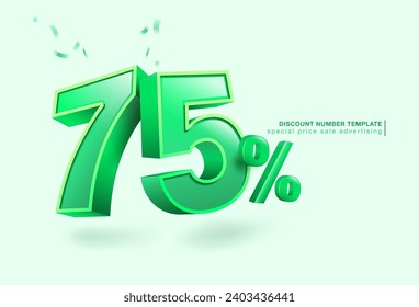 75 percent discount number template, 3D letters, used for promotional advertisements in special sales. Isolated on white background. Realistic vector 3D file.