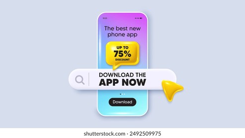 Up to 75 percent discount. Phone mockup screen. Download the app now. Sale offer price sign. Special offer symbol. Save 75 percentages. Phone download app search bar. Discount tag text message. Vector
