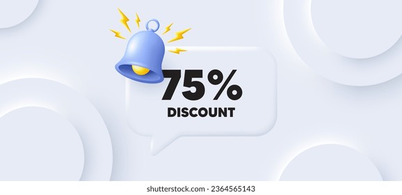 etiqueta de 75 por ciento de descuento. Fondo neutral con burbuja de habla de chat. Señal de precio de oferta de venta. Símbolo de oferta especial. Mensaje de voz de descuento. Cartel con campana. Vector