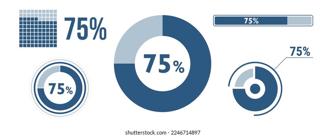 75 percent loading data icon set. Seventy-five circle diagram, pie donut chart, progress bar. 75% percentage infographic. Vector concept collection, blue color.