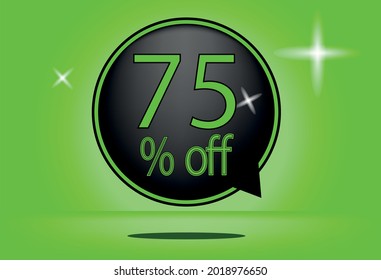 75 percent off black balloon and floating. with green background, banner 75% off green, shadow
