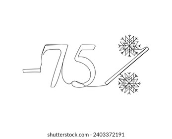 75 percent off discount in continuous one line art style. Holiday season sale special offer. Simple vector illustration