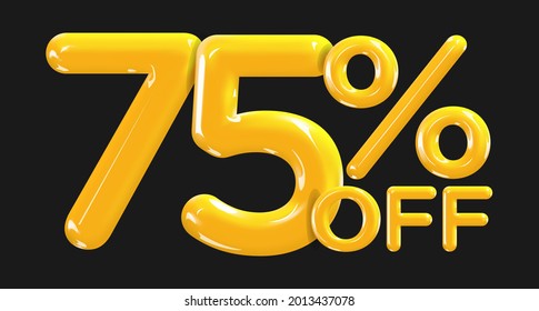 75 percent Off. Discount creative composition of golden or yellow balloons. 3d mega sale or seventy five percent bonus symbol on black background. Sale banner and poster. Vector illustration.