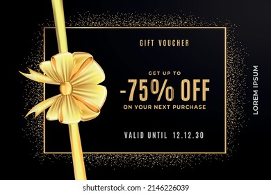 75 Percent Off Gift Voucher Template. Elegant black and gold gift voucher premium coupon with gold bow and ribbon. Design usable for gift coupons, vouchers, invitations, certificates, etc. Vector