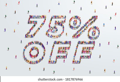 75 por ciento de descuento. Se forma un gran grupo de personas para crear una forma 75% de descuento. Diseño de venta de ofertas especiales. Ilustración vectorial del cartel publicitario.