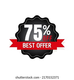 75% de descuento, oferta, con diseño de banner rojo y pegatina de descuento negro, mega venta, ilustración vectorial
