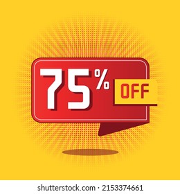 75 por ciento de descuento. Globo flotante rojo sobre fondo amarillo para promociones y descuentos