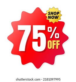 75% percent off(offer), shop now, red and yellow 3D super discount sticker, sale. vector illustration, 
