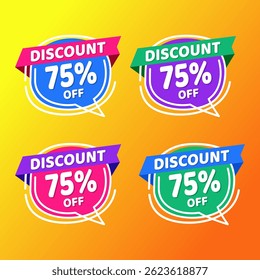 75% de desconto promocional Banner Design com balões coloridos e fundo amarelo para vendas, ofertas e promoções de marketing