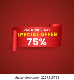 75 percent red elegant template of sale banner for Valentine Day with a scroll realistic red ribbon, an arrow and red shiny glossy hearts. Vector red background