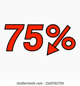 The 75 percent reduction icon is red. Price drop. Interest rate reduction.  Stock symbol. Discount. Markdown of goods. Bonus discount. Vector icon.