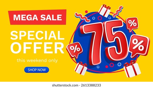 75 percent Special offer mega sale, Check and gift box. Sale banner and poster. Vector illustration.