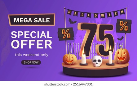 75 percents off. Halloween sale banner template. Podium and numbers with amount of discount. Special October offer. Vector illustration.
