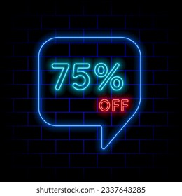 75% seventy five percent off neon lettering. vector illustration. bricks background. in blue and red colors.