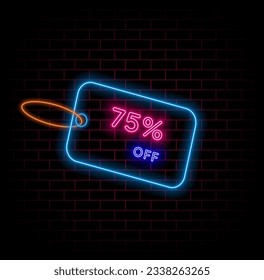 75%. seventy-five percent off. blue label. neon lettering template. in pink and blue colors. illustration for advertising, percentages, sale tag, percentage. neon style. brick wall background in red a