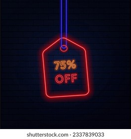 75%. seventy-five percent off. vivid neon colors. label template design. neon style. special offer flash sales promotion. bricks background. blue, orange and red. vector illustration.