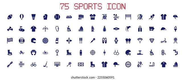 75 sports icon collection, sporting goods industry. Including rugby, softball, billiards, badminton, sweatshirt, hat, basketball, tennis, skates and so on. Vector illustration.