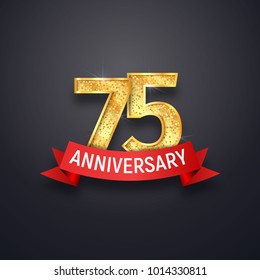 75 th anniversary logo template. Seventy-five years celebrating golden numbers with red ribbon vector design elements