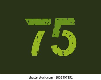 75 vector number made of grungy, grunge texture. Rubber stamp imprint style. For logo, brand label, poster, design elements etc.
